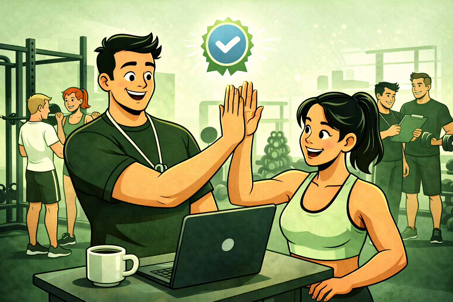 Certified personal trainer high fiving a happy client in a busy gym environment