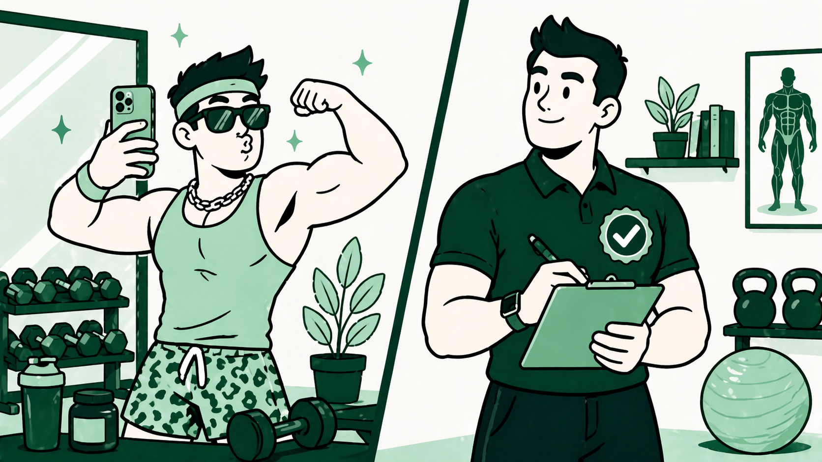 Side by side comparison of a certified personal trainer vs gym enthusiast