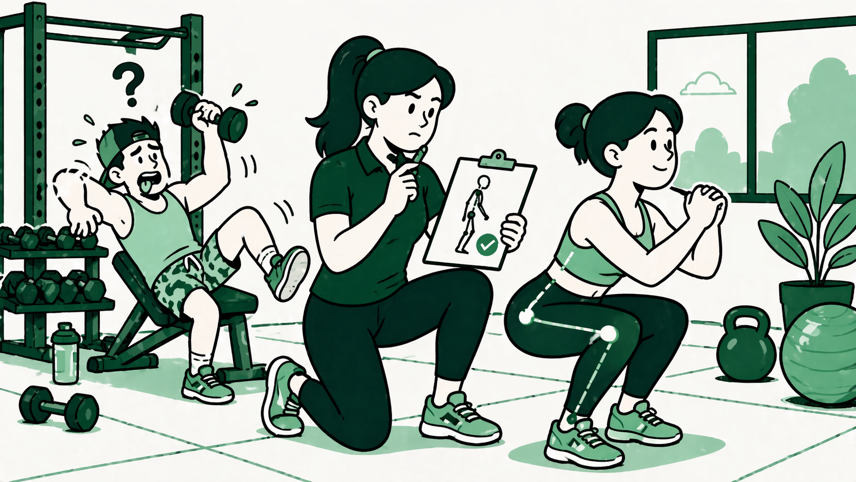 Certified trainer assessing client movement while uncertified gym enthusiast exercises incorrectly in background
