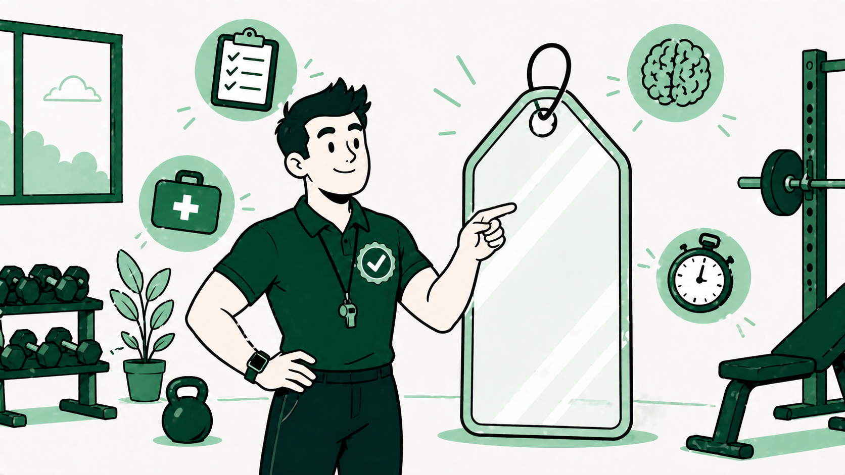 Cartoon certified personal trainer standing next to a price tag showing the value of their qualifications