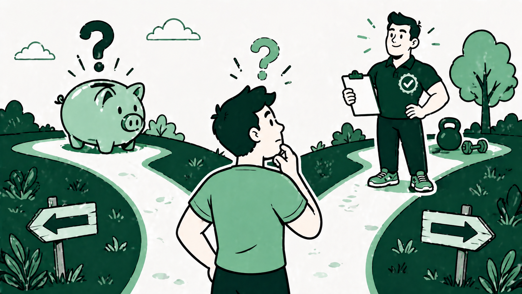 Cartoon illustration showing the value of hiring a certified personal trainer versus the cost