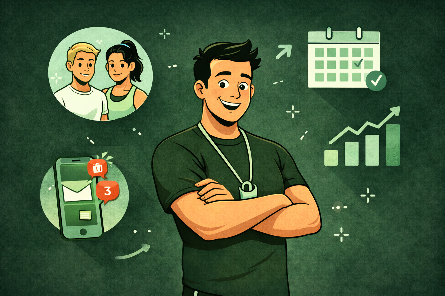 Confident certified personal trainer surrounded by client growth icons and business metrics